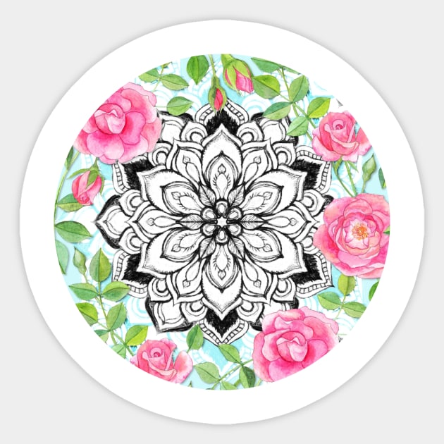 Pink Roses and Mandalas on Sky Blue Lace Sticker by micklyn